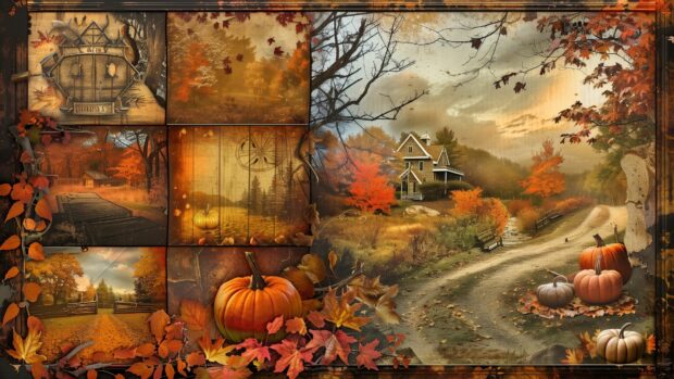 Fall Aesthetic Wallpaper HD featuring a variety of autumn scenes with colorful foliage, pumpkin patches, winding forest paths, and golden sunsets.