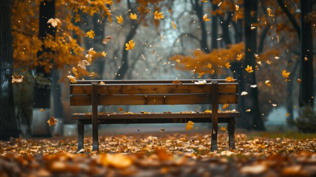 Fall Aesthetic for Desktop HD Wallpaper with A rustic bench in a park with falling leaves.