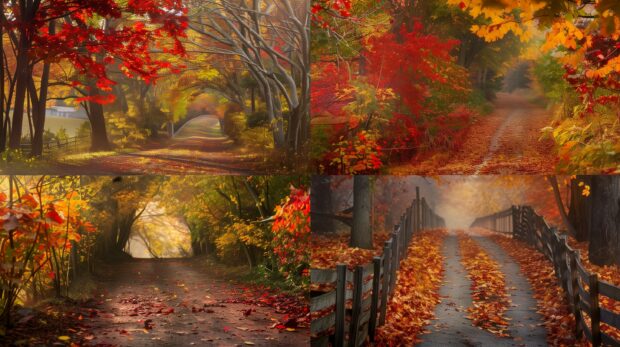 Fall Aesthetic for Desktop Wallpaper  with A collage of fall photos, featuring vibrant red, orange, and yellow leaves, cozy autumn scenes.