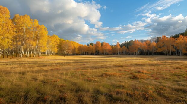 Fall Aesthetic for Desktop Wallpaper with A golden meadow with scattered trees in fall colors.