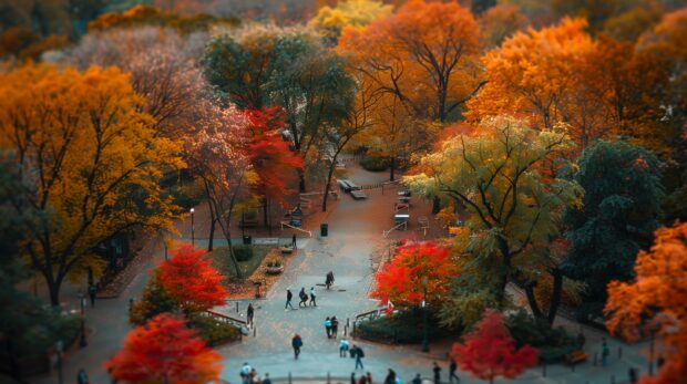 Fall Aesthetic for Desktop Wallpaper with A city park with trees in vibrant fall colors.