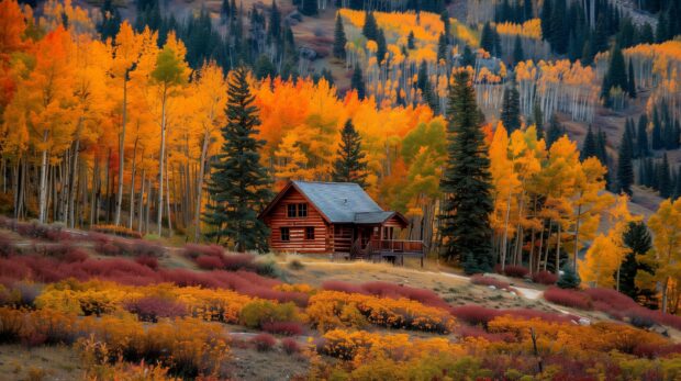 Fall Aesthetic for Desktop Wallpaper with A cozy cabin nestled among vibrant autumn trees.