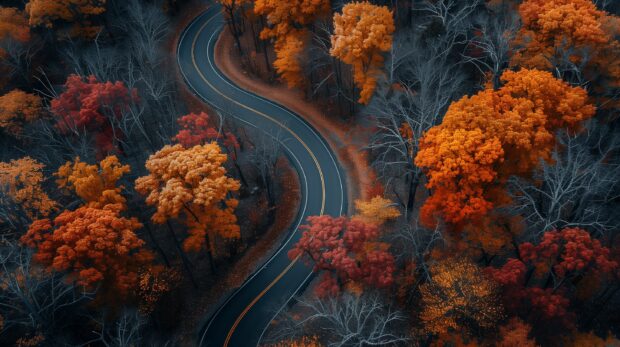 Fall Aesthetic for Desktop Wallpaper with A winding road through a forest with autumn colors.