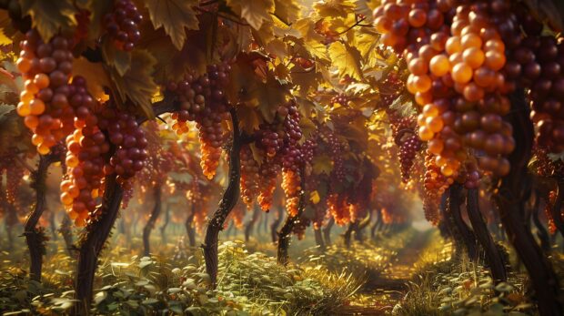 Fall Aesthetic for Desktop Wallpaper with vineyard in autumn with ripe grapes.