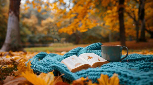 Fall Aesthetic for Desktop with A cozy blanket and book setup in a fall park.