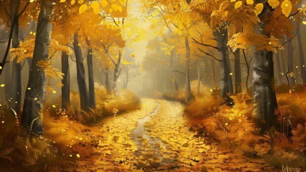Fall Foliage Desktop Wallpaper with A serene forest path covered in golden leaves.