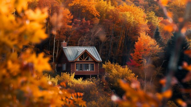 Fall Foliage Wallpaper with A cabin nestled among vibrant autumn trees.
