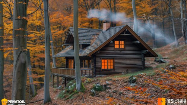 Fall Foliage Wallpaper with A forest cabin with smoke rising from the chimney in fall.