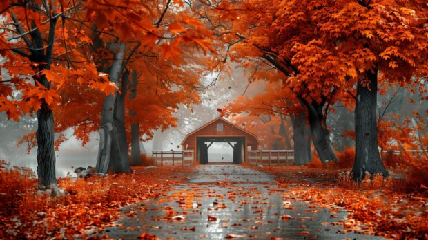 Fall Foliage Wallpaper with A historic covered bridge surrounded by fall trees.