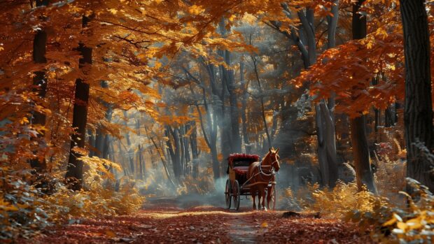 Fall Foliage Wallpaper with A horse drawn carriage ride through a fall forest.