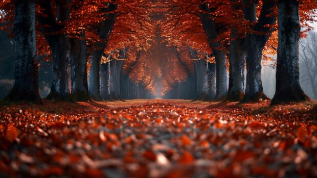 Fall Leaves HD Wallpaper with A tree lined avenue with fallen leaves covering the ground.
