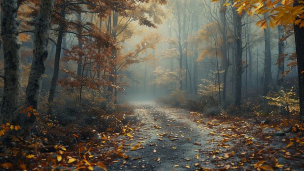 Fall Nature HD Desktop Wallpaper with A peaceful morning in a fall forest with dew covered leaves.