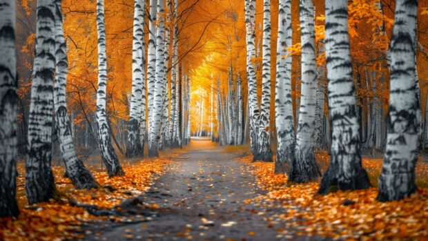 Fall Nature HD Wallpaper Desktop with A path through a birch forest with yellow leaves.