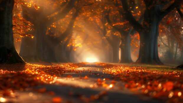 Fall Nature HD Wallpaper with A tree lined avenue with fallen leaves covering the ground.