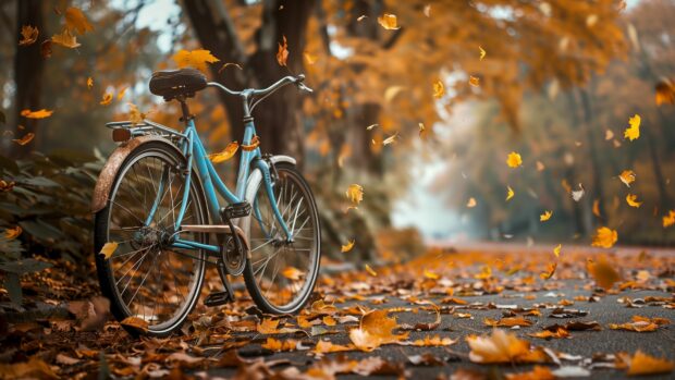Fall scenery desktop wallpaper HD A vintage bicycle leaning against a tree with falling.