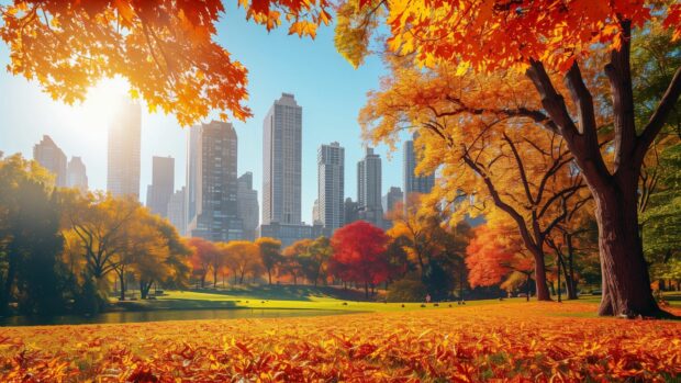 Fall scenery wallpaper HD with A city park with trees in vibrant fall colors.