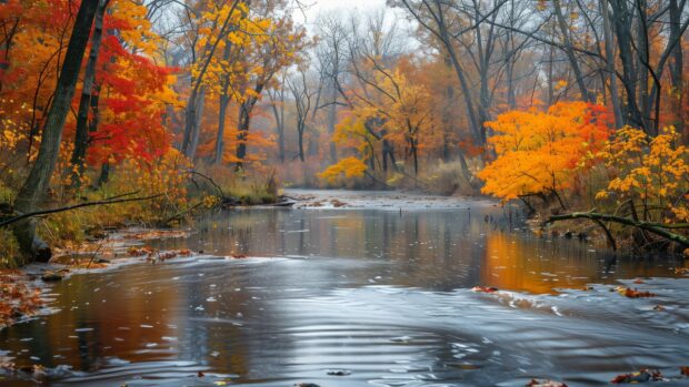 Fall scenery wallpaper HD with  A tranquil river surrounded by colorful autumn trees.