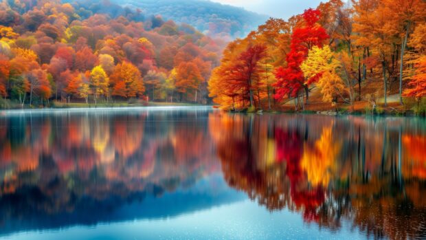 Fall scenery wallpaper with A tranquil lake reflecting colorful fall foliage.