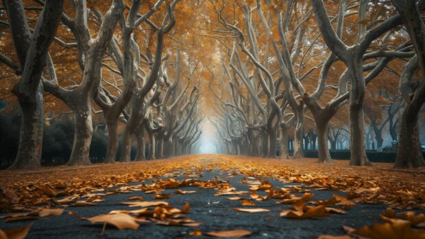 Fall scenery wallpaper with A tree lined avenue with fallen leaves.