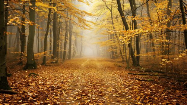 Fall scenery with A serene forest path covered in golden leaves.