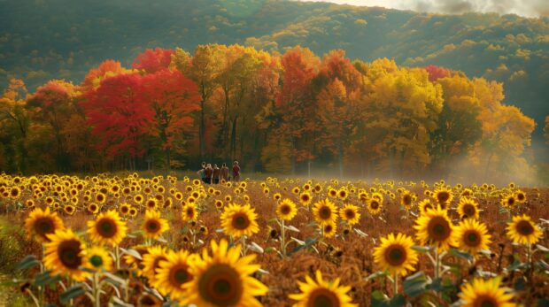 Field of sunflowers with a backdrop of fall foliage.