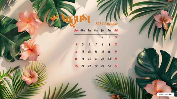 Flower and Leaves August 2024 Calendar Desktop Background.