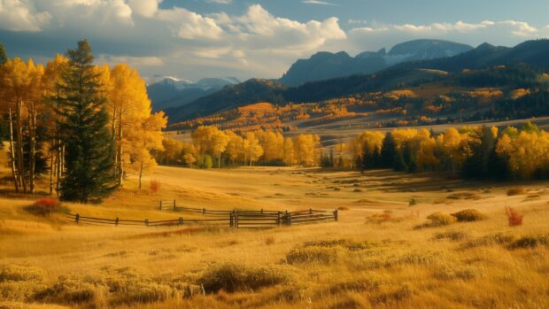 Free Fall Nature HD Wallpaper with A golden meadow with scattered trees in fall colors.