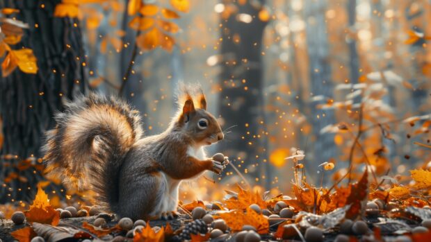 Free Fall scenery wallpaper HD with A squirrel gathering acorns in a fall forest.