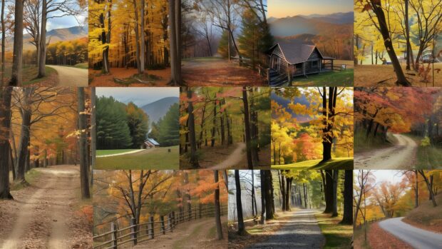 Free download Fall Aesthetic Wallpaper HD featuring a variety of autumn scenes with colorful foliage, pumpkin patches, cozy cabins, winding forest paths, and golden sunsets.