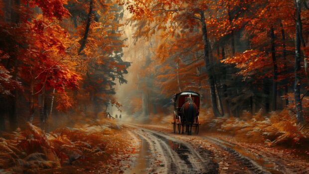 Free download Fall Nature HD Wallpaper with A horse drawn carriage ride through a fall forest.