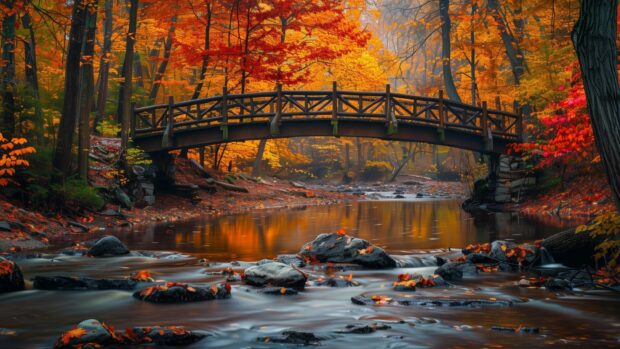 Free download Fall scenery with A bridge over a stream with colorful fall trees.
