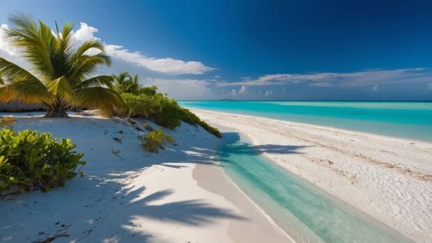 Free summer beach background with powdery white sands, and a cloudless sky.