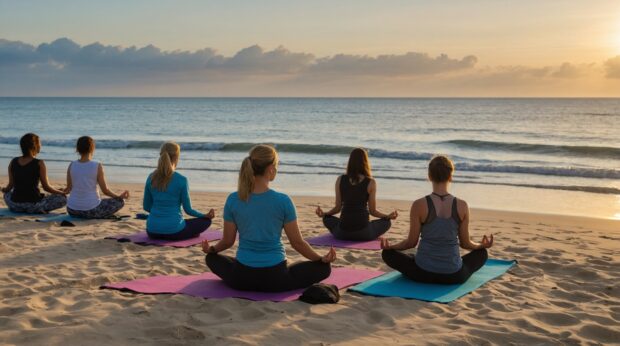 Free summer beach wallpaper with yoga session with participants practicing poses on the sand as the sun rises over the horizon.