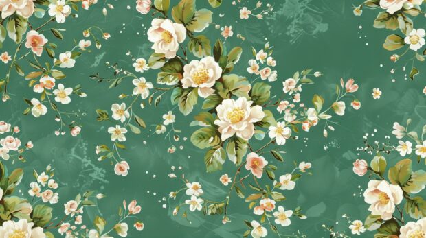 Green wallpaper background with vintage flowers.