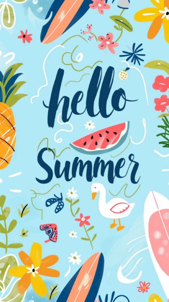 Hello summer wallpaper with cute patterns and elements like watermelon, palm trees, beach waves, or sunshades.