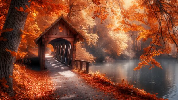Historic covered bridge surrounded by fall trees.