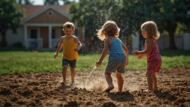 Illustrations of children playing in sprinkler.