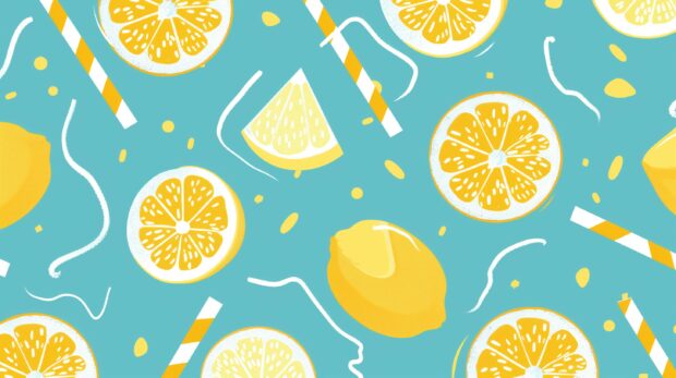 Lemon pattern, turquoise background with lemon and straw illustration,Cute Summer Desktop Wallpapers HD high quality.