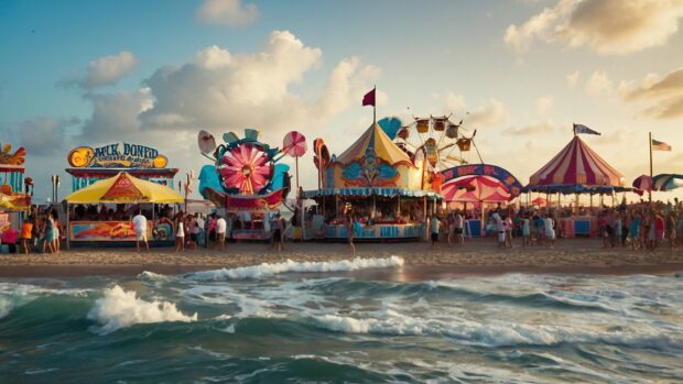 Lively beach carnival with rides, games, and cotton candy vendors, set against a backdrop of crashing waves.