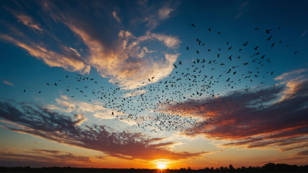 Lively summer sky wallpaper with birds soaring amidst a backdrop of vibrant colors.