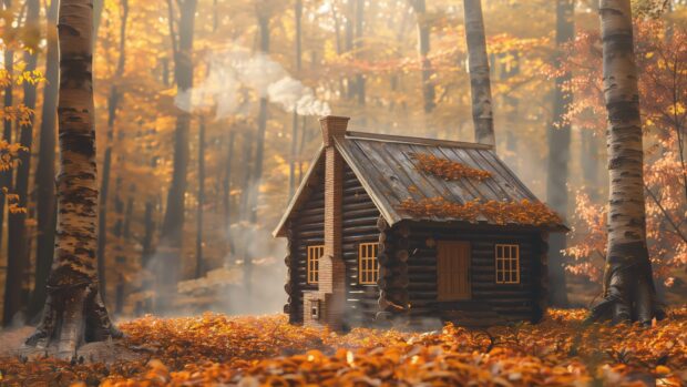 Old cottage in an autumn forest, smoke coming from the chimney, cozy and warm atmosphere, aesthetic and charming.