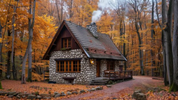 Old cottage in an autumn forest, surrounded by colorful leaves, smoke coming from the chimney,  beautiful fall picture.