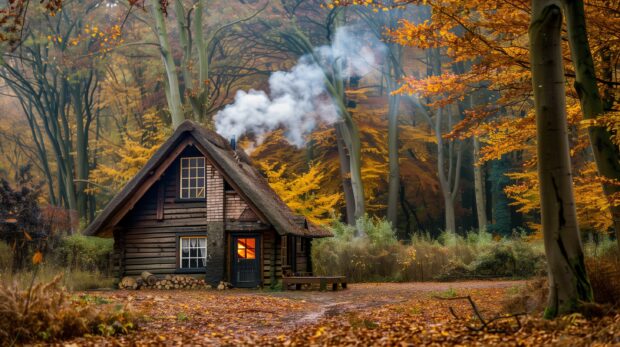 Old cottage in an autumn forest, surrounded by colorful leaves, smoke coming from the chimney, cozy and warm atmosphere, aesthetic and charming.