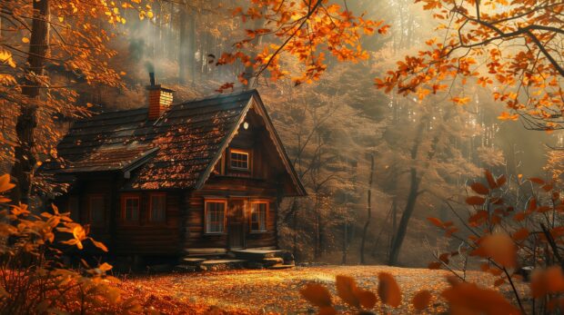 Old cottage in an autumn forest, surrounded by colorful leaves, smoke coming from the chimney, cozy and warm atmosphere, aesthetic desktop wallpaper.