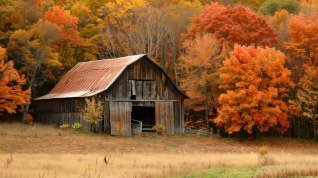 Old barn surrounded by fall trees.