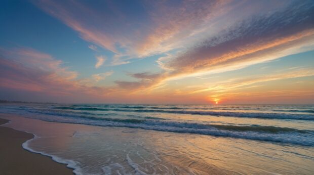 Peaceful summer beach at sunrise, with pastel hues painting the sky and gentle waves lapping at the shore.