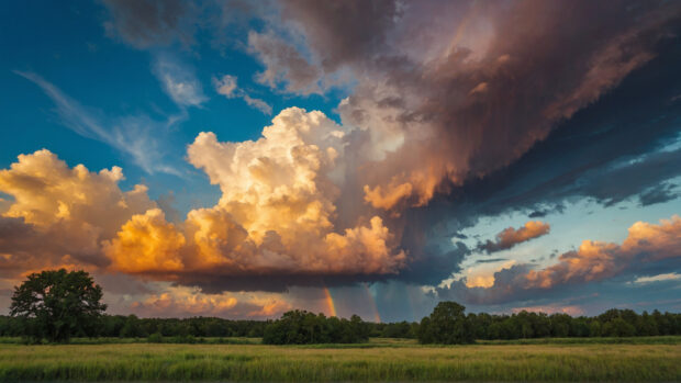 Picturesque summer sky wallpaper with vibrant colors and a hint of a rainbow.
