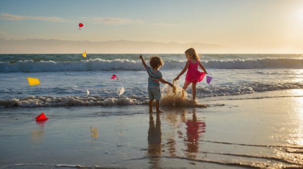 Playful beach summer wallpaper HD with children building sandcastles, flying kites, and splashing in the waves.