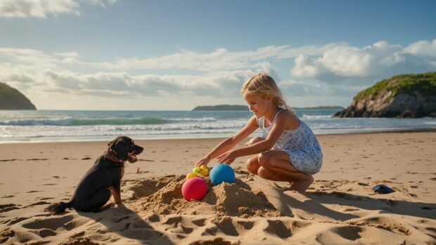 Playful summer beach wallpaper scene with dogs fetching balls, children building sandcastles, and families picnicking on the shore.