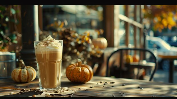 Pumpkin spice latte on a table with cute fall decorations .